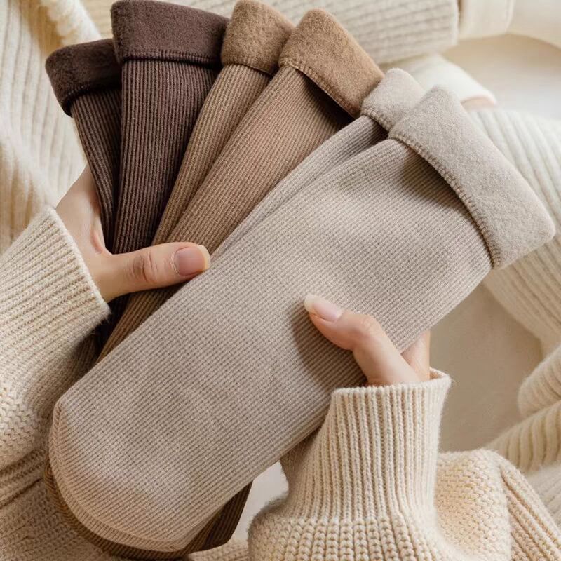 Warm Earth-Tone Snow Socks, Zhuji Socks Wholesale, Women's Winter Fleece-Lined Thick Seamless Mid-Calf Socks, Thick Socks