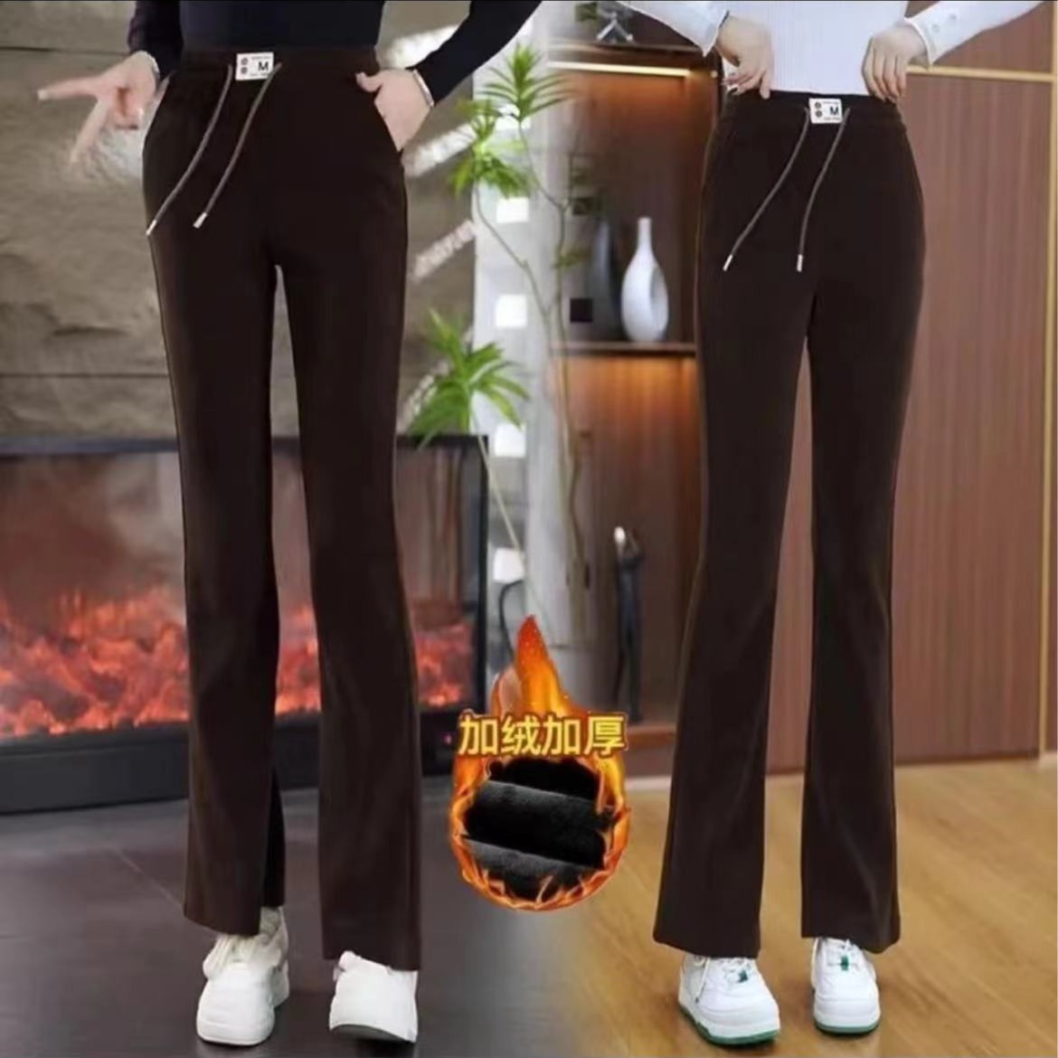 厚い北極の毛の小さいラッパのズボンの2025秋冬の新型のハイウエストのベルベットの保温のカジュアルな女性のズボン