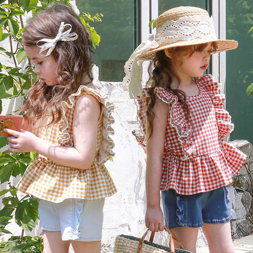 Girls' Gingham Ruffled Vest 2024 Summer Sleeveless Doll Shirt 3-10 Years Children's Pure Cotton Trimmed Shirt 