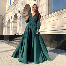 欧美外贸女装新款亚马逊气质优雅长袖大摆雪纺秋冬连衣裙V领批发