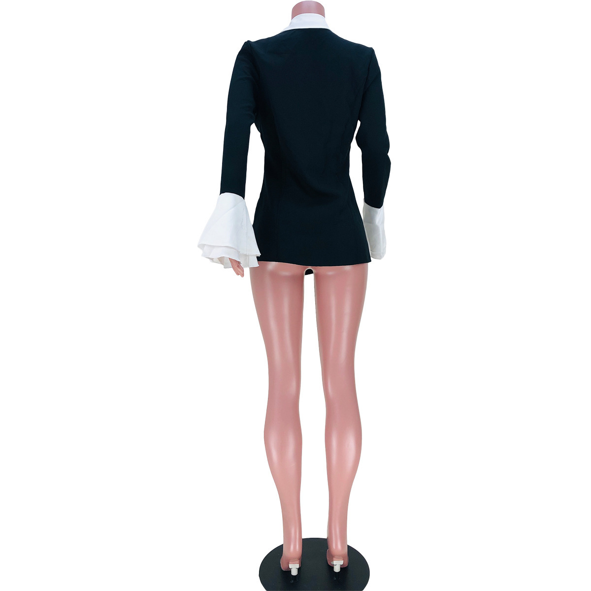 Women's Clothing autumn new black small for women solid color collar double breasted splicing flared sleeve suit jacket_voghion.com