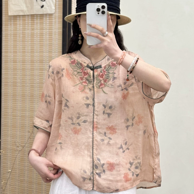 Китайская ветровая тарелка вышитая рамная рубашка средней и длинной рубашки женская летняя легкая одежда дзен чайная куртка с хлопком и льняным принтом