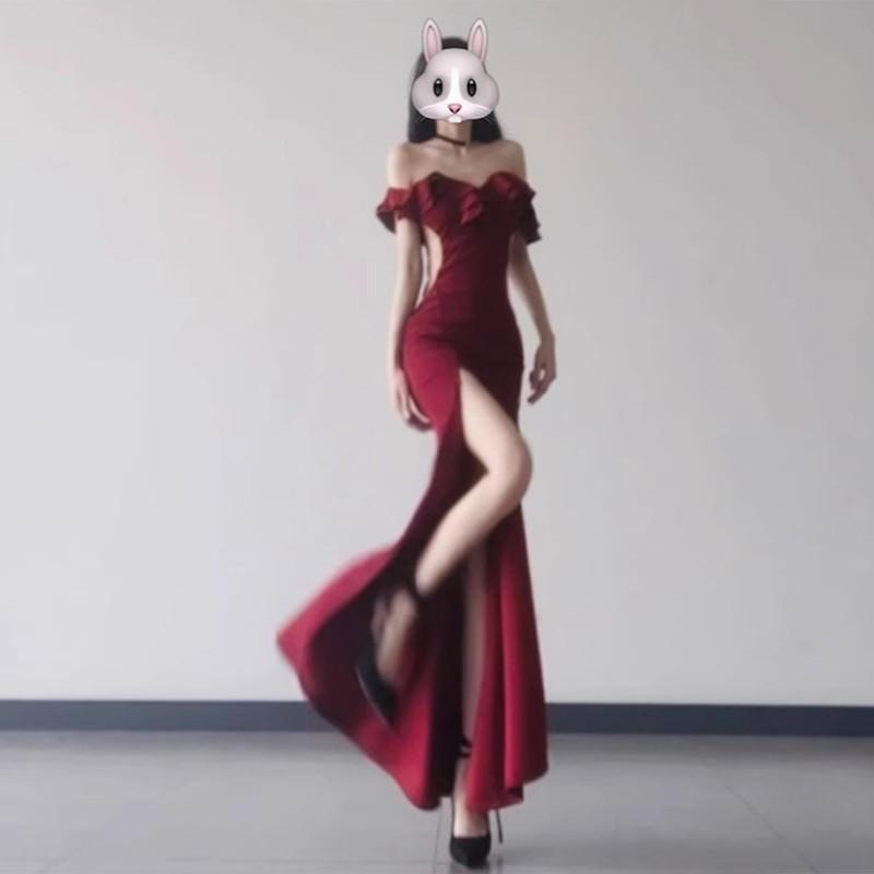 High Slit Long Skirt with Fashionable Design, Niche Ankle-Length Evening Dress, Strapless One-Shoulder Dress for Women