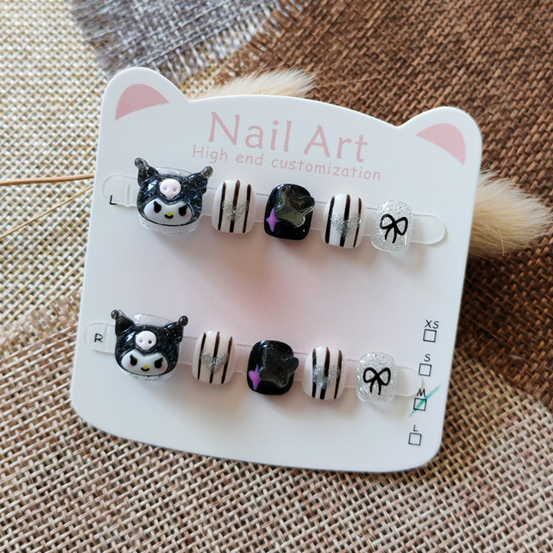 Children's Manicure Wearable Nails Kuromi Stripesd Bow Girls Nail Patches 3-6-11 Years Old Anti-Biting Nail Stickers Children's Manicure Wearable Nails Kuromi Stripesd Bow Girls Nail Patches 3-6-11 Years Old Anti-Biting Nail Stickers