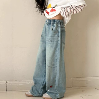 小红鱼女童裤子春秋款2026新款儿童宽松直筒裤秋装烫钻阔腿牛仔裤