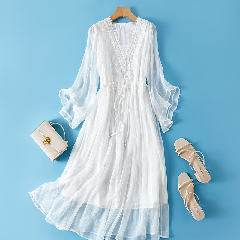 Water Sleeve Trumpet Sleeve Design Silk Dress Super Fairy Elegant Seaside Holiday Beach Long Dress Elegant 86026