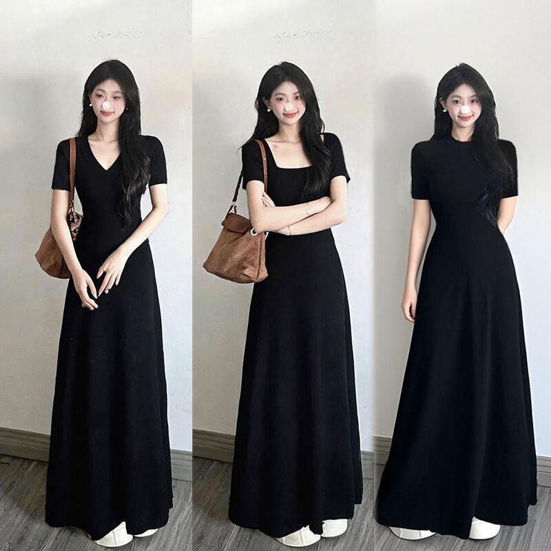 2026 Spring/Summer Korean Style Round Neck Short Sleeve Women's Dress, Elegant Black Slim Fit Inner Dress, Cross-Border
