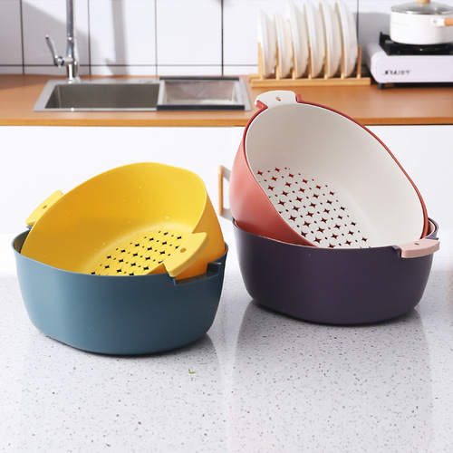 Stylish Double-Layer Drain Basket with Handle, Multi-Purpose Colorful Storage Basket with Star Pattern, Household Kitchen Vegetable Drain Basket