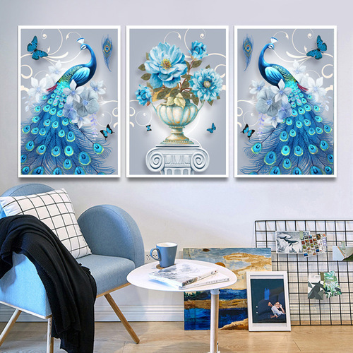 钻石画新款钻石绣5D钻石画满钻客厅孔雀三联画全贴点钻