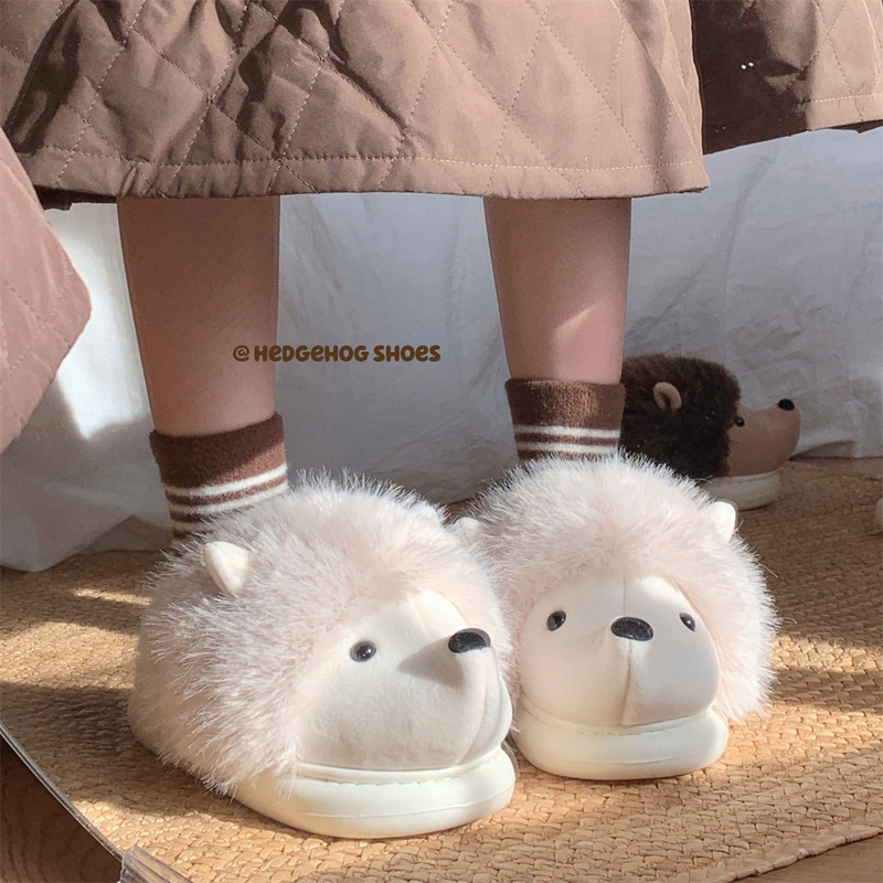 細いストリップ状の2025年冬新作、かわいいハリネズミ柄の綿スリッパ、女性用ホームスリッパ、裏起毛で暖かい、ふわふわした靴、ins風|undefined