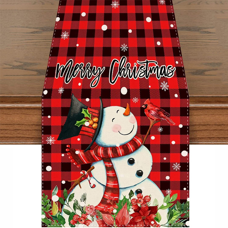 Camino de mesa navideño con estampado de muñeco de nieve y Santa