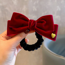 秋冬新年女童酒红植绒大蝴蝶结发夹爱心顶夹儿童发饰红色发卡马尾