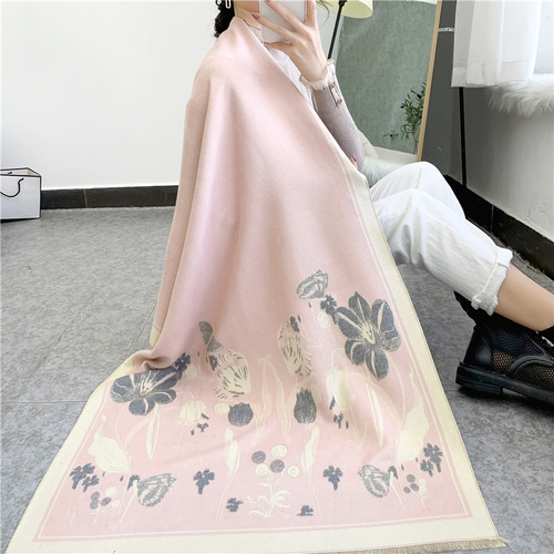 Ethnic style fashionable flower imitation cashmere scarf for women Forest double-sided long retro tassel warm shawl dual use