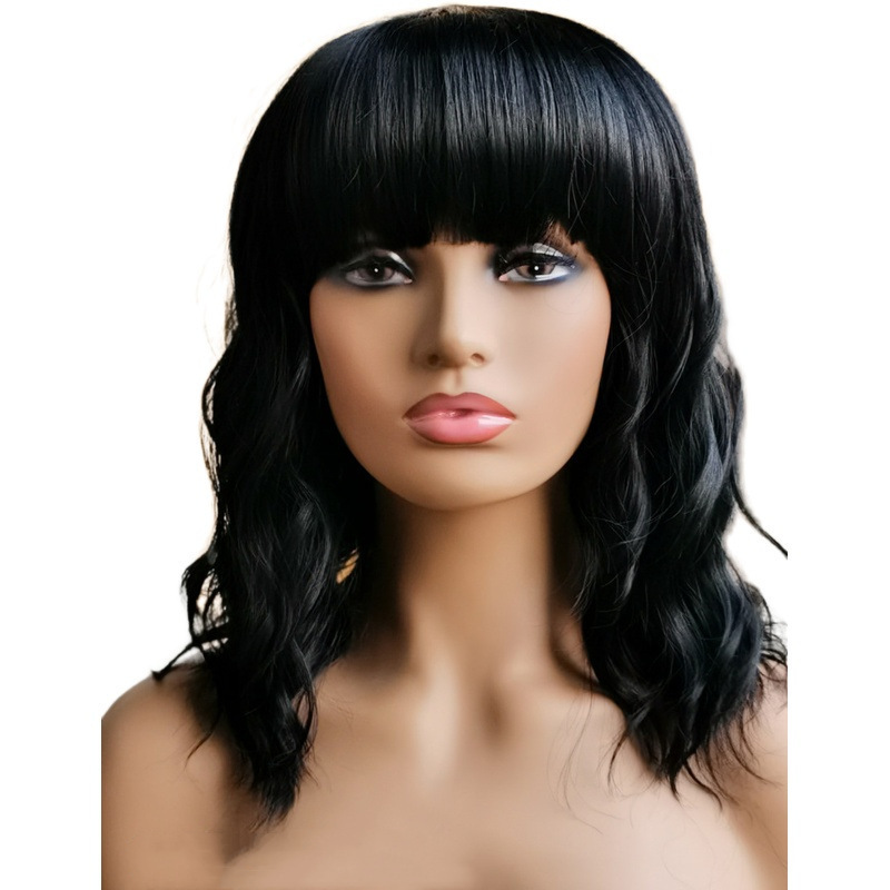 Medium Length Curly Wig With Bangs Fluffy Egg Roll Curls Short Synthetic Hair European American Style Realistic Wig_voghion.com
