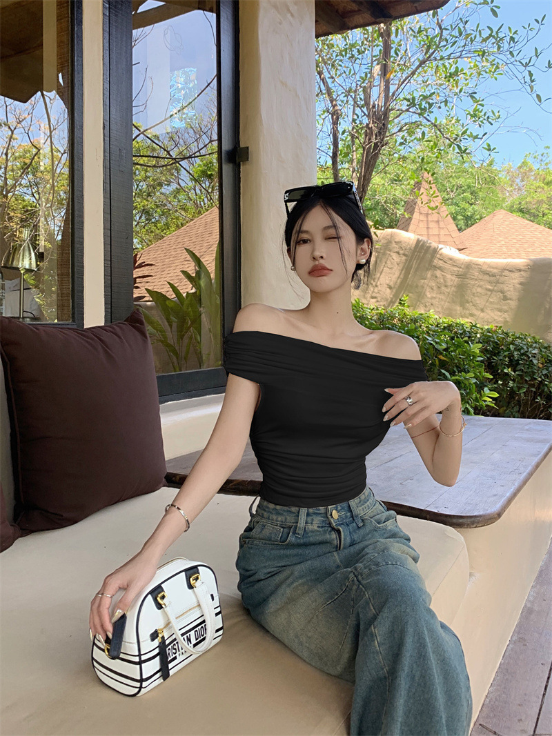 Ins 섹시한 순수한 욕망 오프 숄더 원 라인 칼라 반팔 티셔츠 여성 여름 슬리밍 핫 소녀 패션 바닥 탑 여성