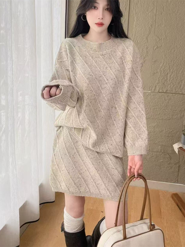 秋冬圆领针织套装女2025款韩系针织衫毛衣裙子两件套休闲宽松套装|undefined