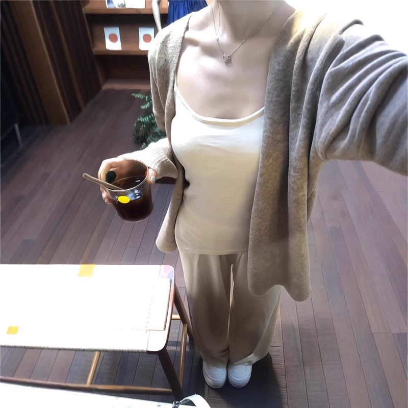 复古咖色宽松长袖毛衣女春季新款慵懒风外搭中长款小众针织开衫潮|undefined