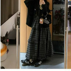 2025秋季新款长袖宽松外套女格子背心连衣裙时尚两件套