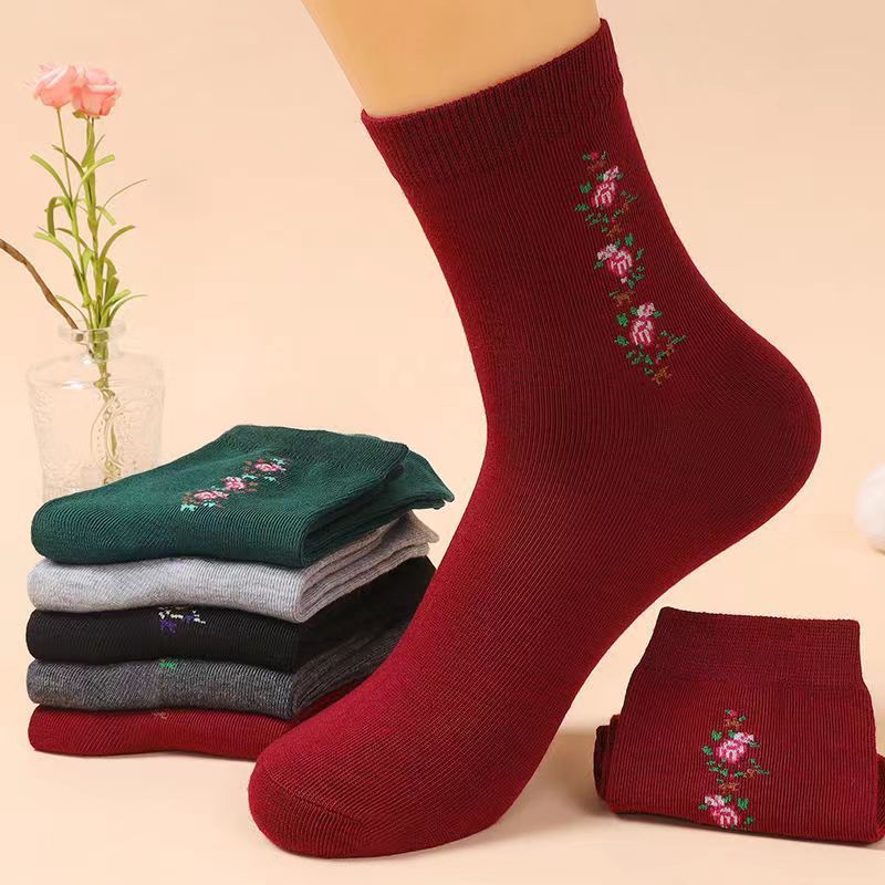 Socks Women's Mid-tube Solid Color Cotton Socks Women's Fashion All-match Autumn and Winter New Deodorant Socks Middle-aged and Elderly Mother Socks Warm