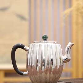 纯银999小茶壶家居银壶茶具手工简约瓜棱竖纹过滤茶漏壶嘴精品