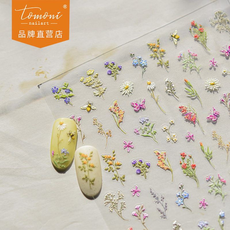 Tomoni Embossed Nail Art Stickers Spring Popular Dry Flower Nail Stickers Field Small Wildflower Nail Art Jewelry Stickers