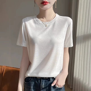 天丝莱赛尔短袖T恤女圆领纯色休闲气质上衣半袖打底厂家批发女装