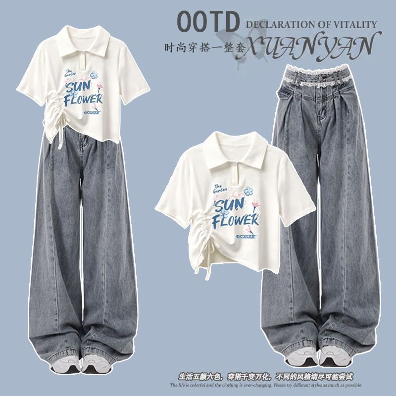 Fashionable Outfit # Printed Korean-Style Drawstring Loose Casual Top Paired with Wide-Leg Jeans with Lace Trim Design. Fashionable Outfit # Printed Korean-Style Drawstring Loose Casual Top Paired with Wide-Leg Jeans with Lace Trim Design.