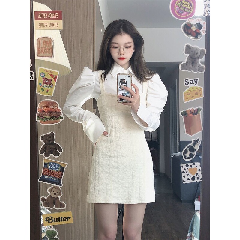 法式法式小香风洋气套装女背心裙连衣裙秋冬新款泡泡袖衬衫时尚两|undefined