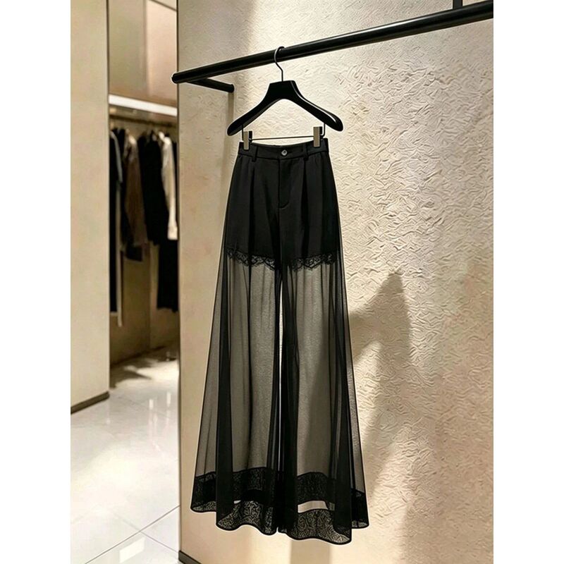 2026 New Summer Hepburn-Style High-Waisted Slimming Fashion Black Spliced Mesh Wide-Leg Pants for Petite Women 2026 New Summer Hepburn-Style High-Waisted Slimming Fashion Black Spliced Mesh Wide-Leg Pants for Petite Women