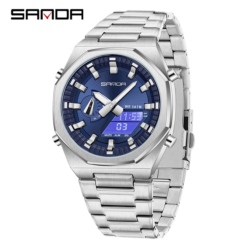 SANDA SANDA reloj electrónico sincronizado doble pantalla multifuncional reloj de hombre octogonal cuenta atrás reloj de pulsera de luz nocturna 3376
