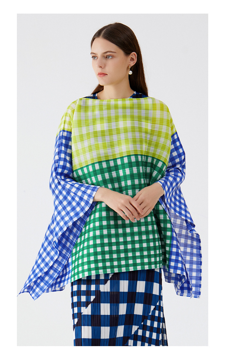 Stylish Gingham Colorblock Patchwork Batwing Top