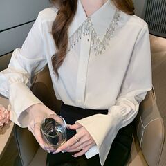 高级感流苏钉珠衬衫春秋轻奢别致长袖上衣小众单排扣雪纺小衫衬衣