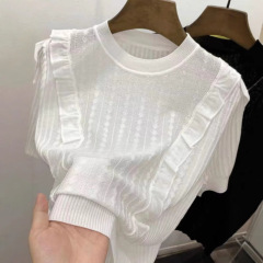 Gejiaショッピングモールの女性服2025夏新作年齢軽減フリル薄氷シルクセーター半袖Tシャツ