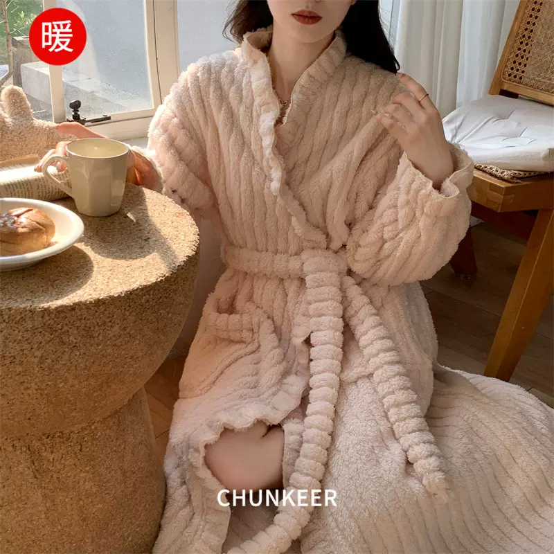 保暖睡衣女秋冬季珊瑚绒加绒加厚保暖长款性感网红风睡袍浴袍绑带