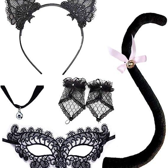 Disfraz de princesa gato para Halloween, diadema con orejas de gato, máscara de ojos de encaje negro, máscara facial.