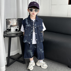 男の子スーツ夏服 2025 新しい子供デニム夏半袖ベスト 3 点セット男の子クールでハンサムなトレンディな