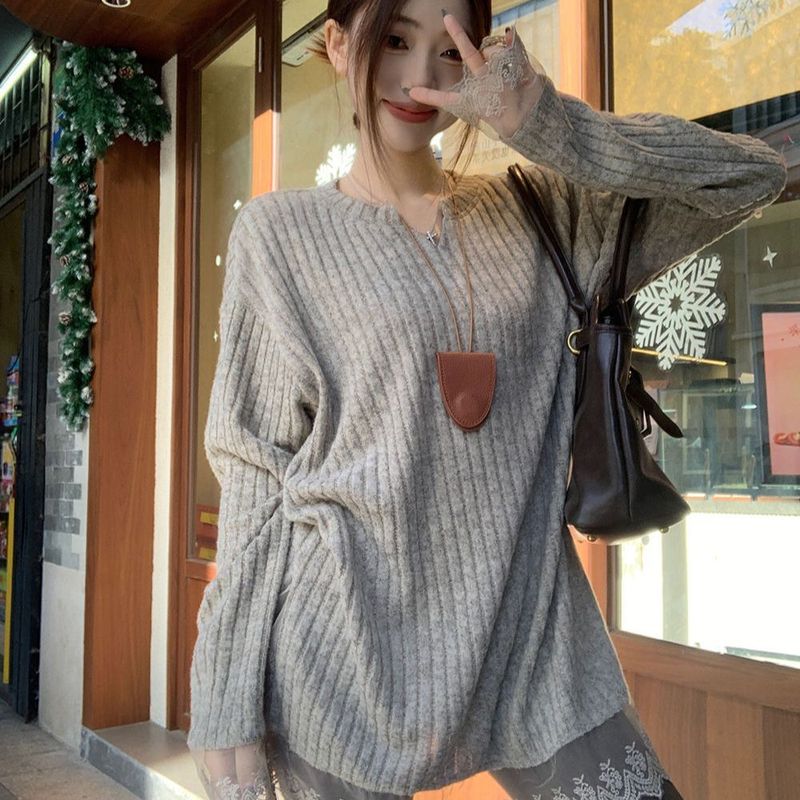 大码设计感蕾丝拼接vV领针织衫女秋冬季宽松显瘦磨毛加厚保暖毛衣|undefined