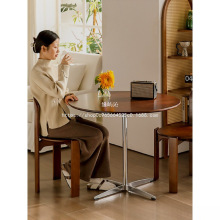 缘屿沁实木小圆桌家用复古餐桌胡桃中古椅茶几小户型阳台饭桌子色