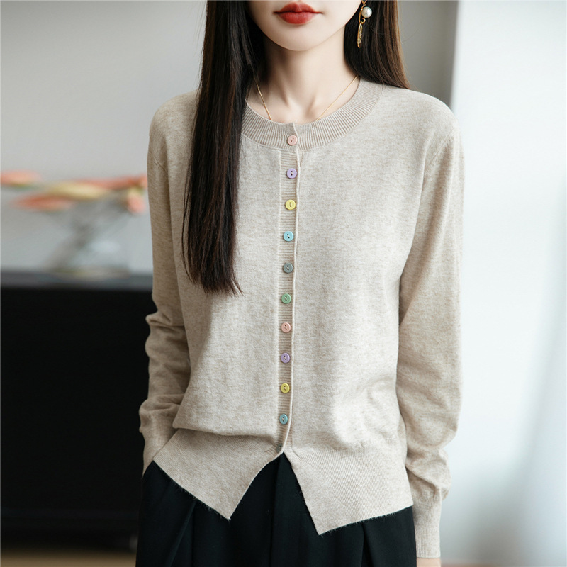 跨境2025秋季新款百搭圆领长袖薄毛衣开衫女精纺宽松洋气针织衫外|undefined