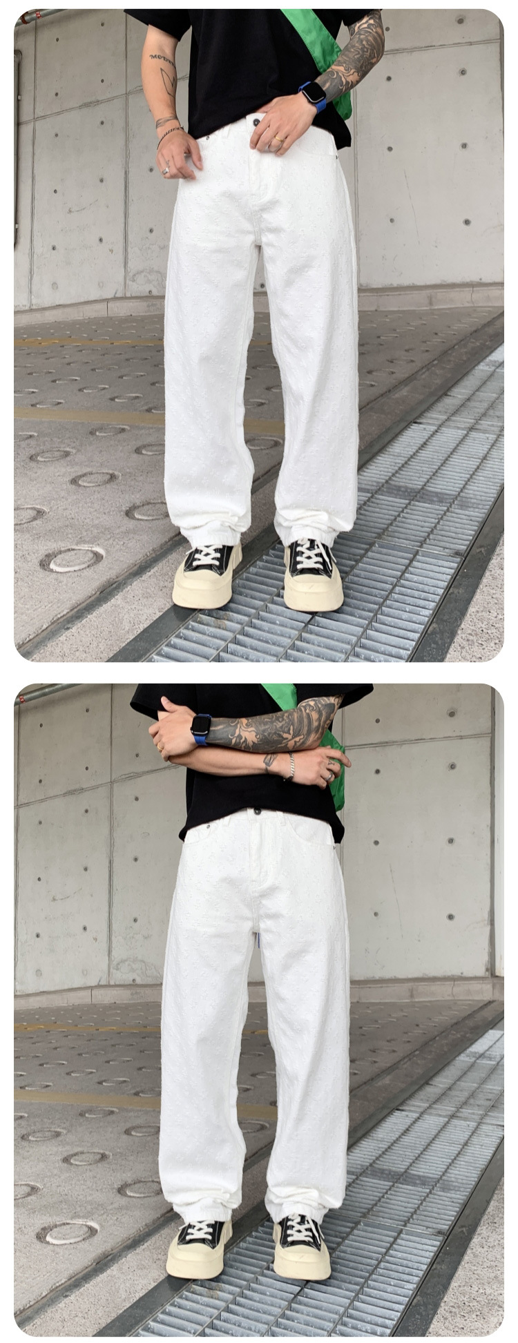 Herren Jeans Mit Jacquard Muster Weit Gerade Und Lässig Verwaschen_voghion.com