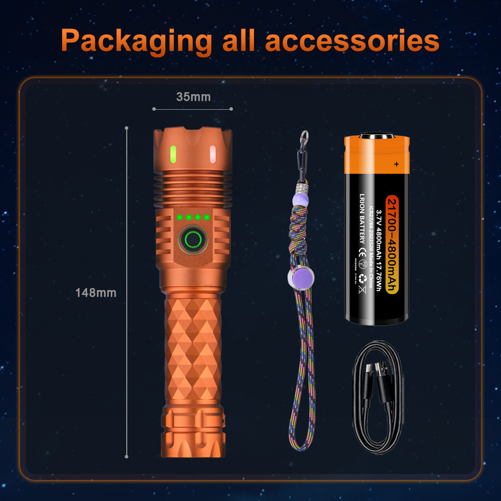 BD-A6 손전등 오렌지 세트(손전등 + 데이터 케이블 + 21700 리튬 배터리 4800mAh)