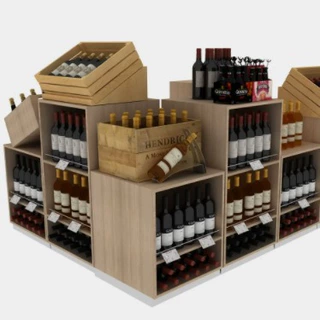 高质量铁木结合超市便利店钢木中岛饮料红酒展示货架木盒可定制