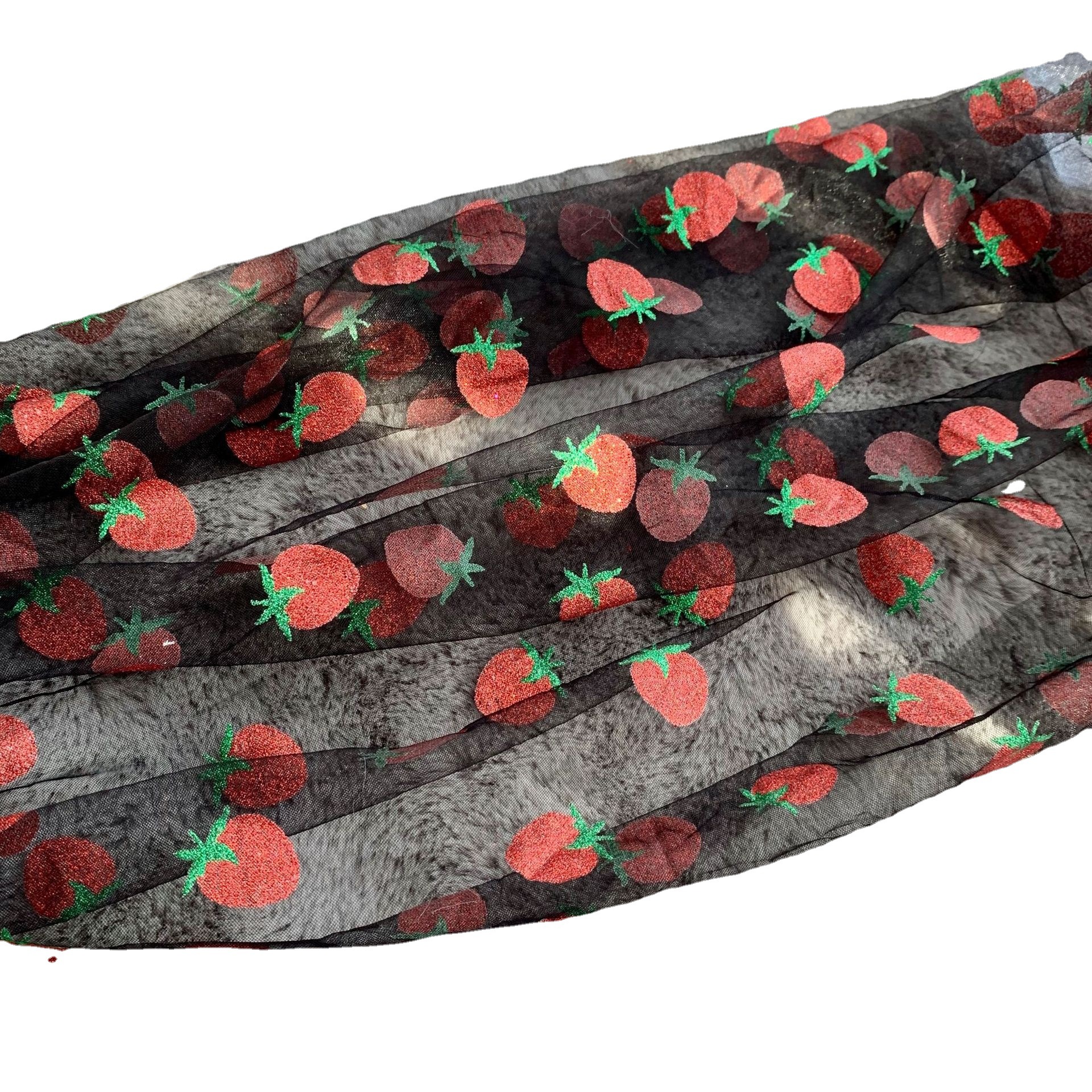 Milan red fresa impresión polvo Malla tela niños Lolita ropa de mujer tela fresa polvo estampado Malla tela