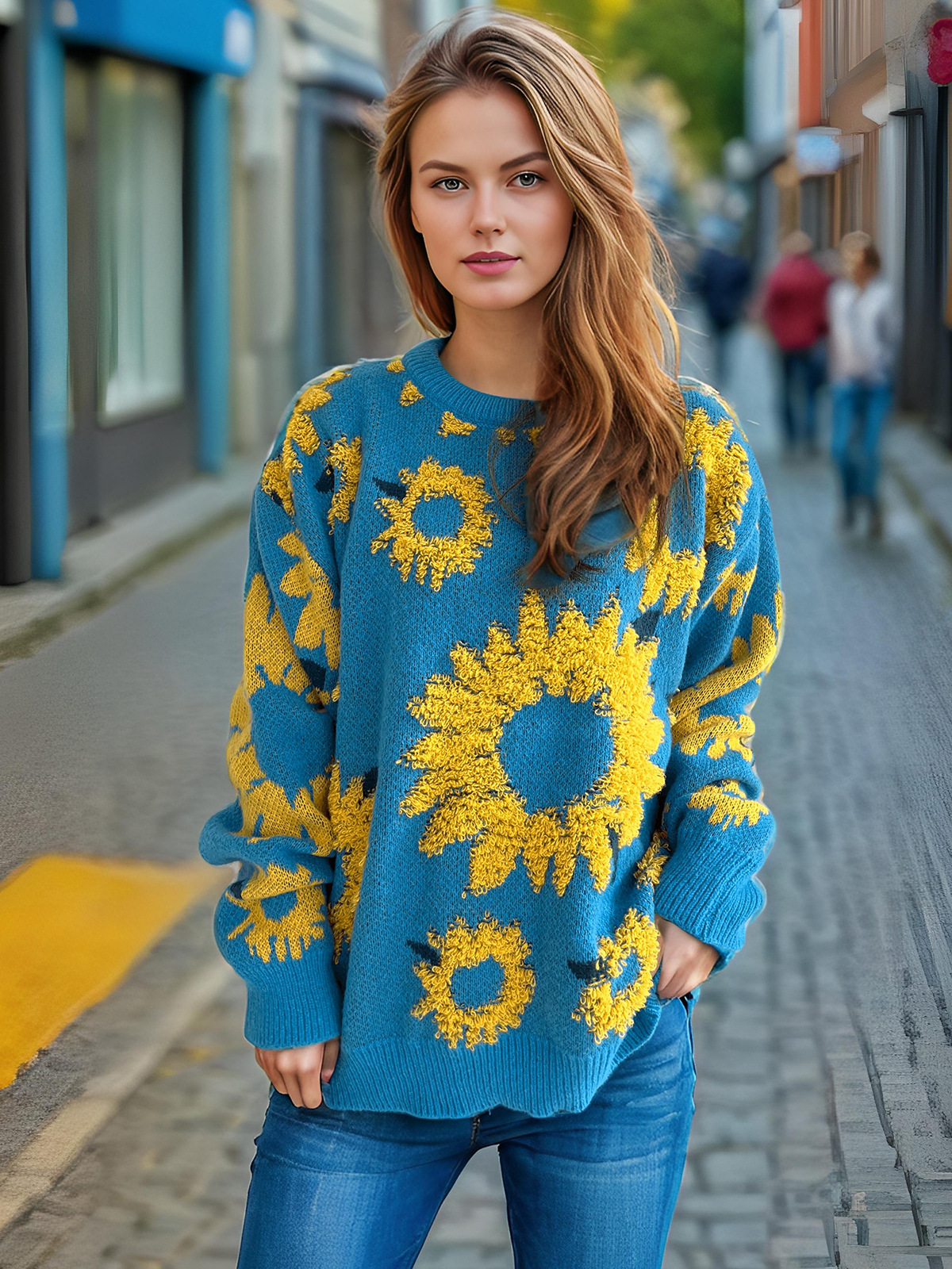 Women's Sunflower Jacquard Knitted Pullover Sweater For Winter_voghion.com