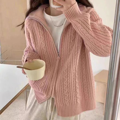 毛衣女复古港味新款chic韩系翻领拉链针织开衫慵懒风宽松显瘦外套