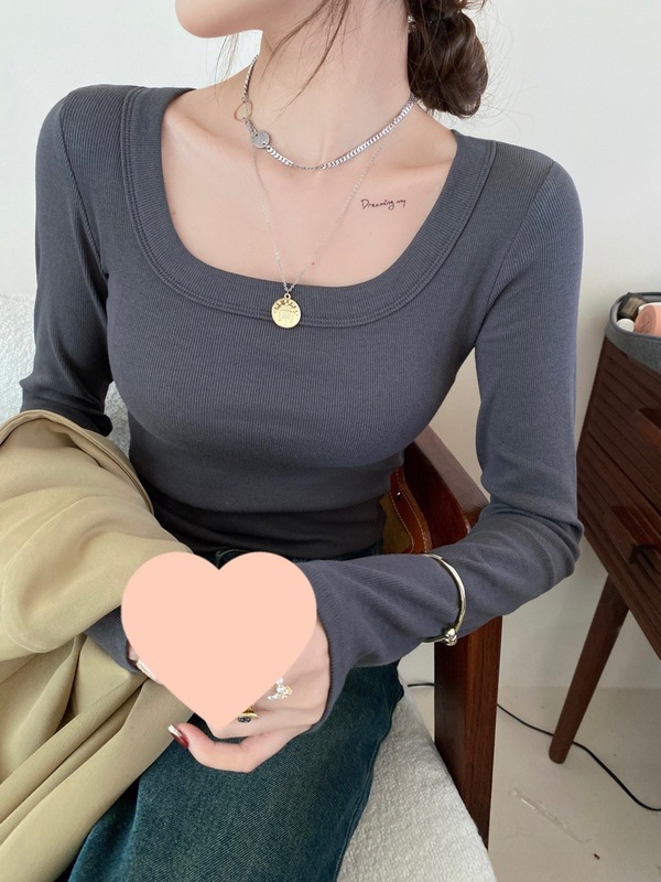蓝色方领打底衫女装内搭2025新款春夏季正肩显瘦修身长袖恤上衣|undefined