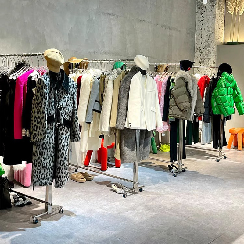 服装店展示架黑色落地式轮子架女装专用不锈钢中岛架侧挂陈列衣架|undefined