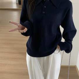 POLO领长袖正肩针织衫毛衣简约通勤短款宽松时髦打底衫欧美风