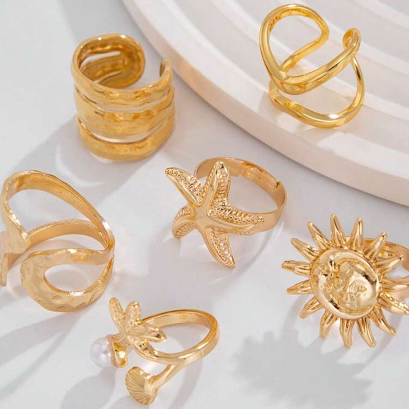 Starfish Adjustable Open Ring Set For Women Beach Jewelry_voghion.com