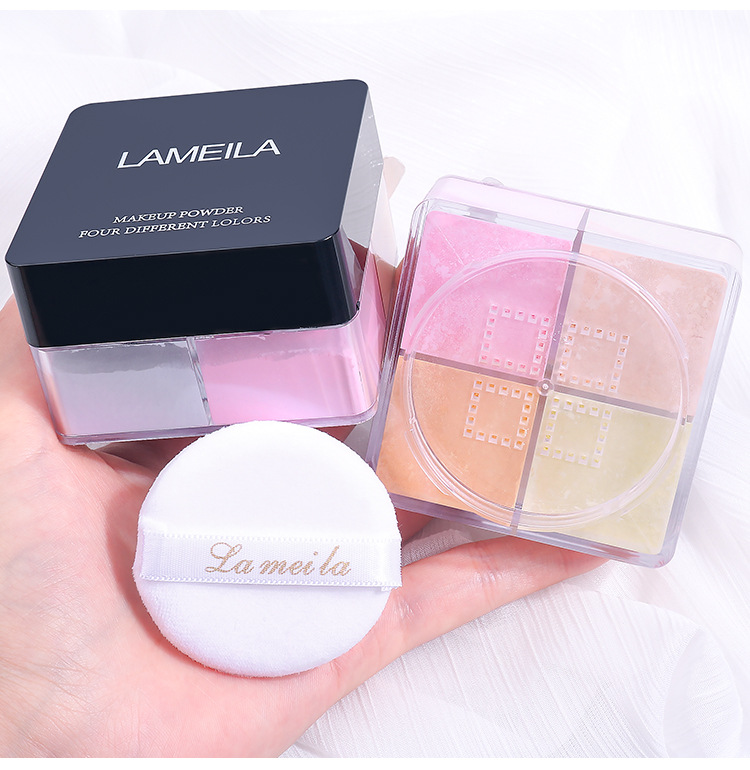 Four-grid loose powder is waterproof, sweat-proof, long-lasting oil-control and does not smudge. The matte powder compact provides concealer and brightens. Four-color setting powder Item Picture